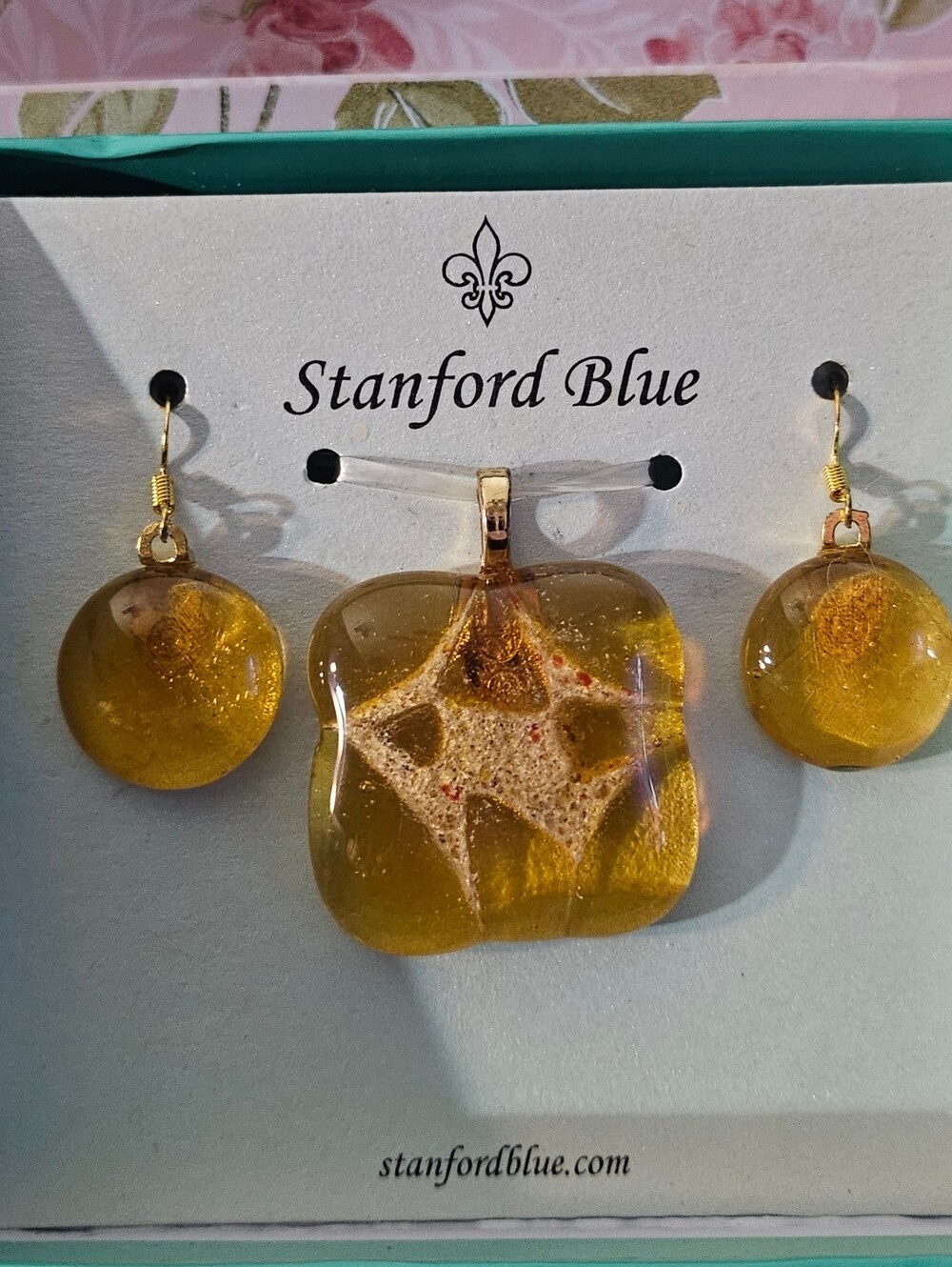 Stanford Blue Fused Glass Pendant & Dangle Earrings Set NIB